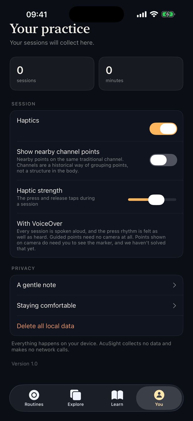 You tab: settings with the privacy statement that AcuSight collects no data and makes no network calls.
